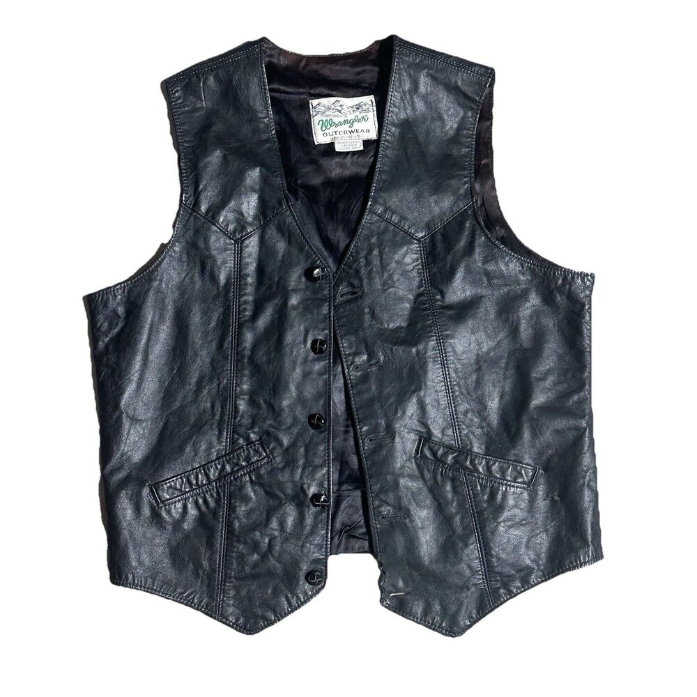Wrangler Outerwear Vintage Black Leather  Vest Mens Western Made in USA